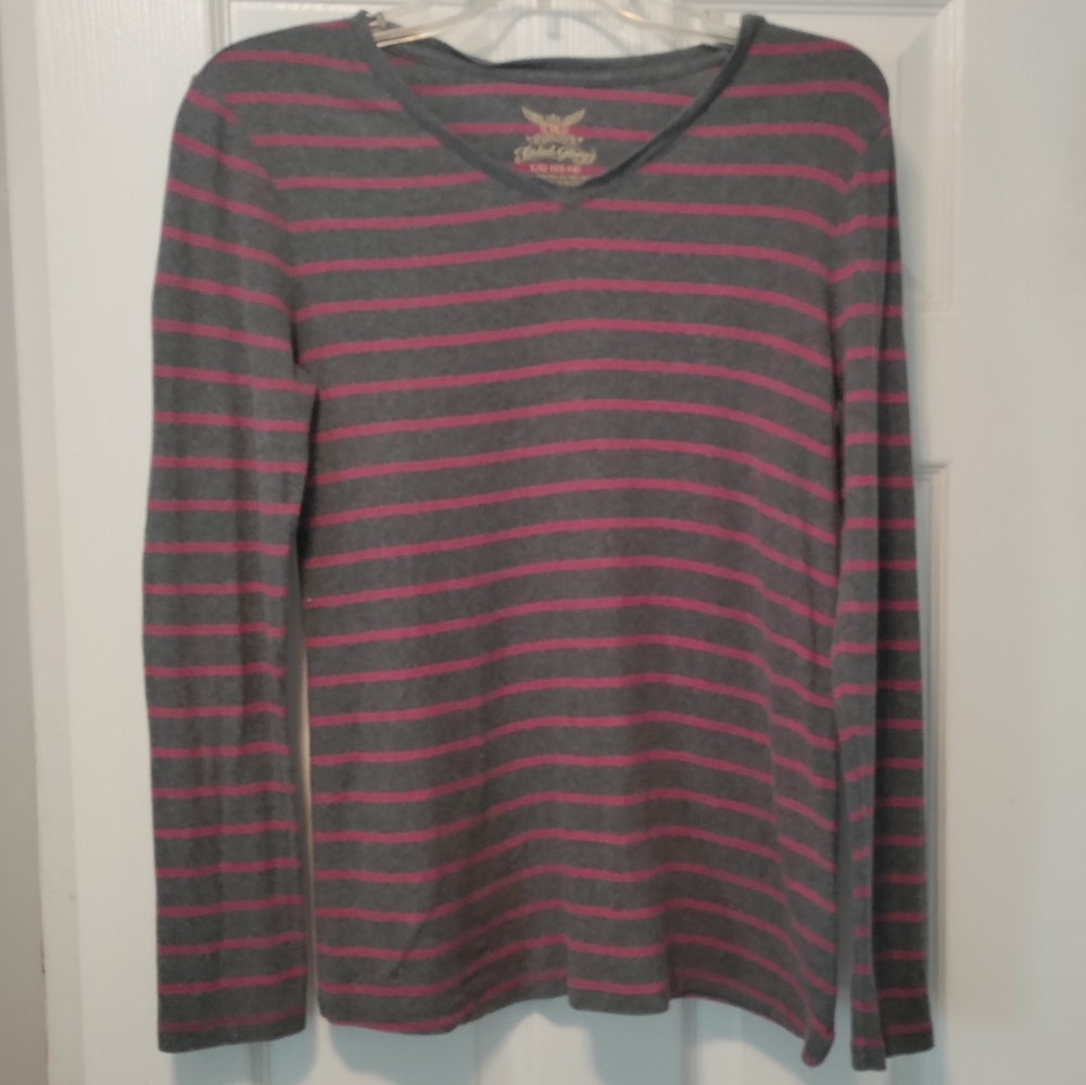 Faded Glory Striped Pink and Grey Long Sleeve Tee Shirt Size: 12-14